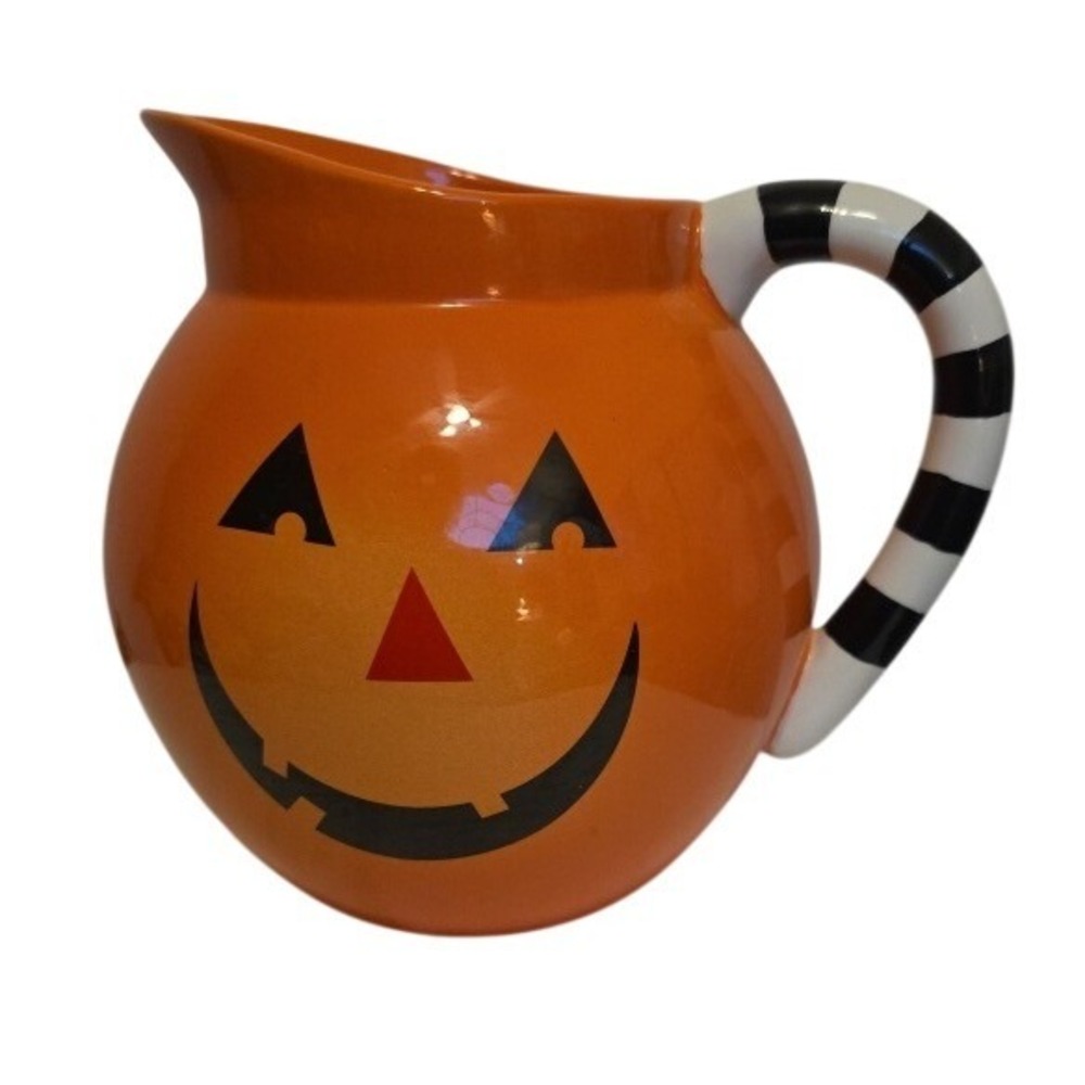 Hallmark Halloween Pumpkin Pitcher Jack O Lantern Striped Handle Ceramic Orange